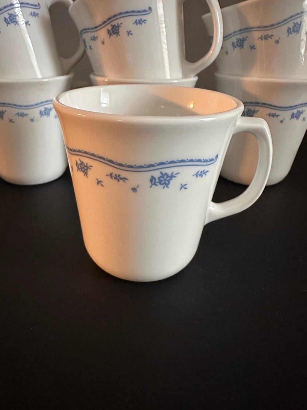 7 x Corelle Morning Blue Mugs, Corning Ware, Floral Border Detail